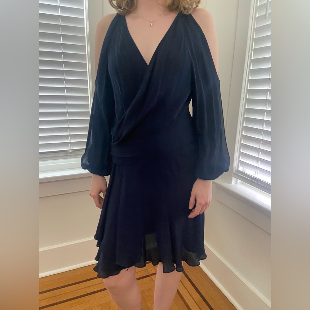 Haute Hippie Blue Wrap Dress with Cold Shoulder and Ruffles